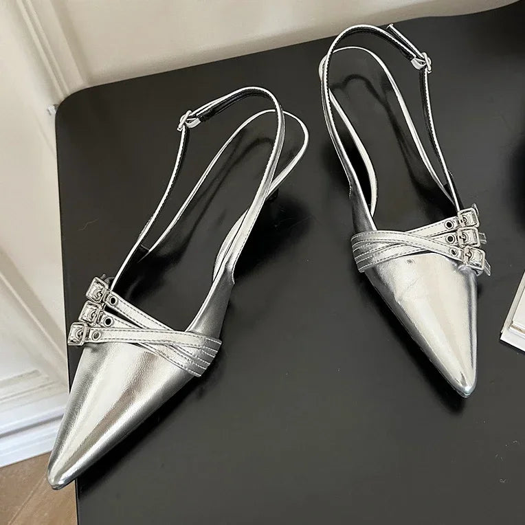 Pointed Toe Women Sandals New Arrivals Fashion Elastic Band Party Dress Shoes Woman Thin Mid Heels Red Black Silver Fashion