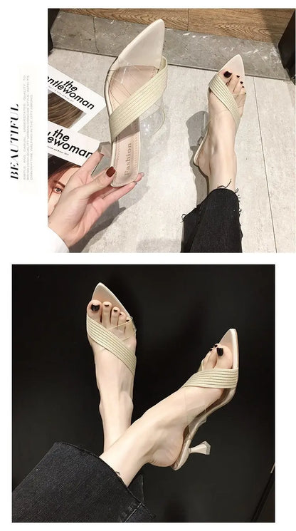 2024 Summer Women Yellow Green Beige Pumps Sandals For Ladies Sexy Mules High Heels Slip-on Slippers Slides Shoes Solid
