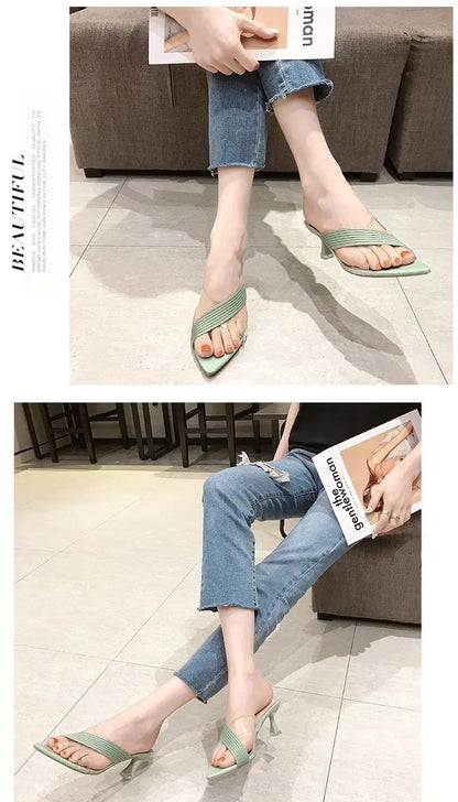 2024 Summer Women Yellow Green Beige Pumps Sandals For Ladies Sexy Mules High Heels Slip-on Slippers Slides Shoes Solid