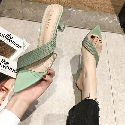 2024 Summer Women Yellow Green Beige Pumps Sandals For Ladies Sexy Mules High Heels Slip-on Slippers Slides Shoes Solid