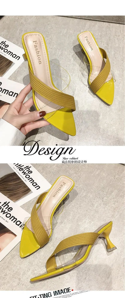 2024 Summer Women Yellow Green Beige Pumps Sandals For Ladies Sexy Mules High Heels Slip-on Slippers Slides Shoes Solid