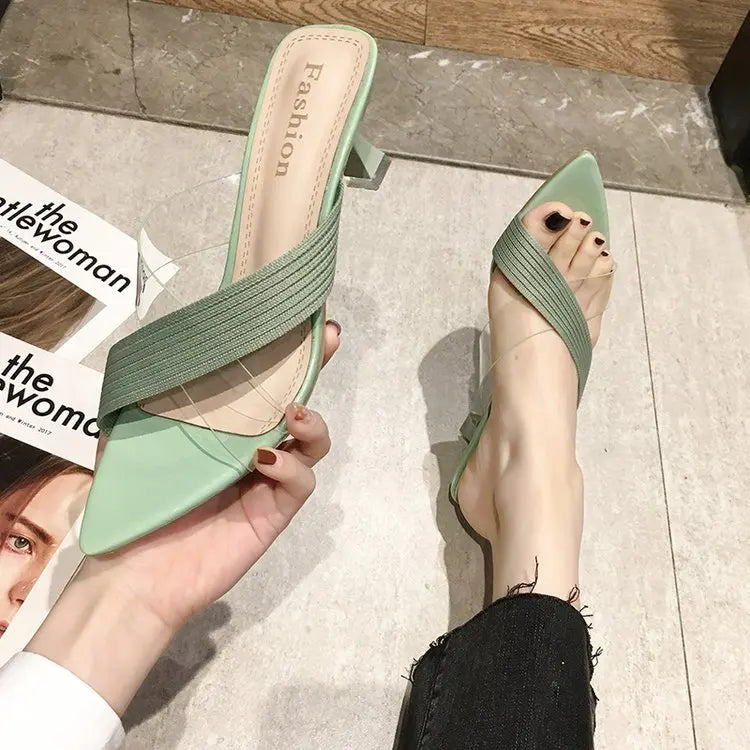 2024 Summer Women Yellow Green Beige Pumps Sandals For Ladies Sexy Mules High Heels Slip-on Slippers Slides Shoes Solid
