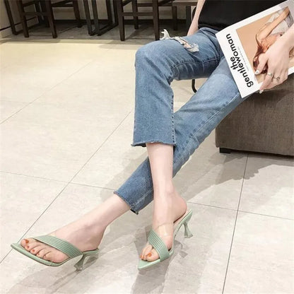 2024 Summer Women Yellow Green Beige Pumps Sandals For Ladies Sexy Mules High Heels Slip-on Slippers Slides Shoes Solid