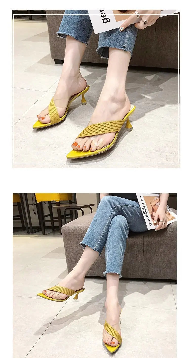 2024 Summer Women Yellow Green Beige Pumps Sandals For Ladies Sexy Mules High Heels Slip-on Slippers Slides Shoes Solid