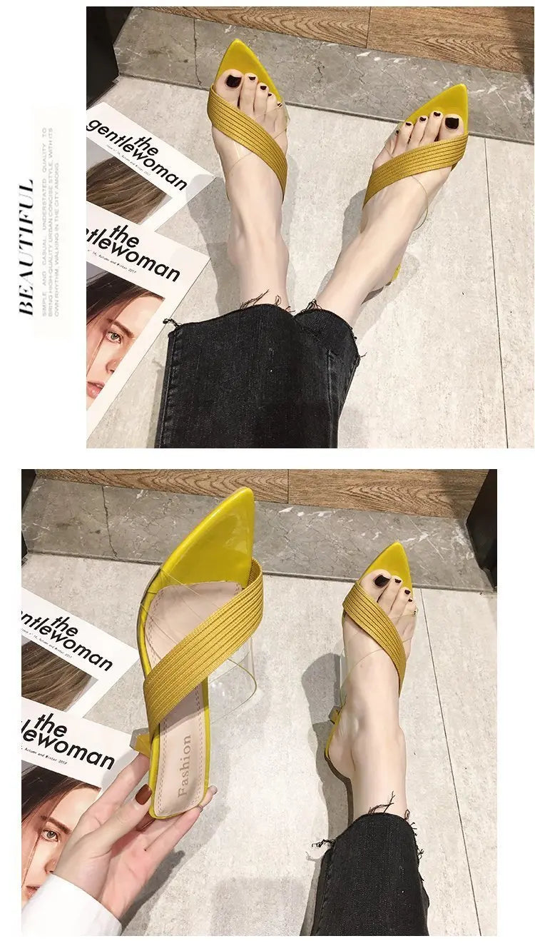 2024 Summer Women Yellow Green Beige Pumps Sandals For Ladies Sexy Mules High Heels Slip-on Slippers Slides Shoes Solid
