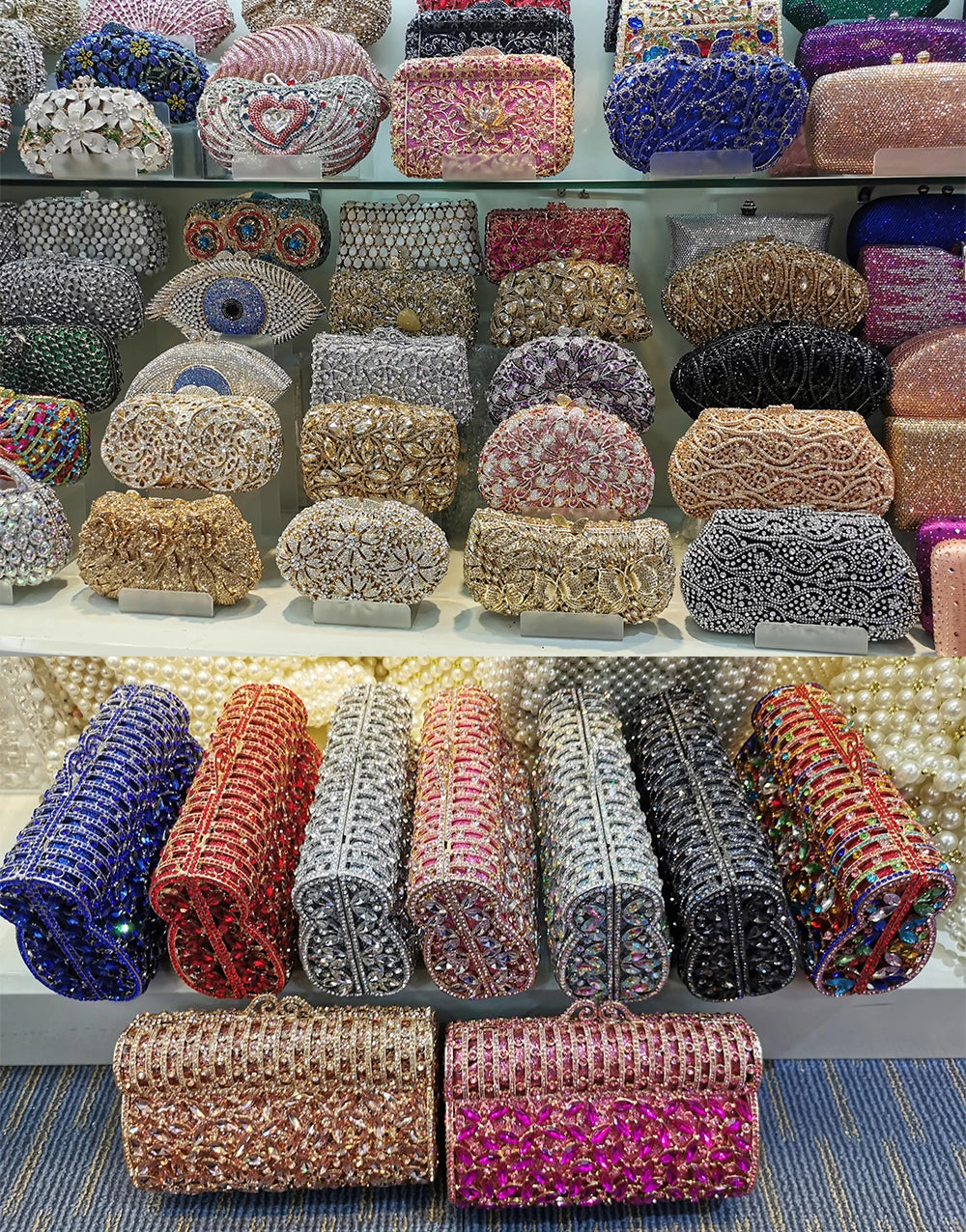 XIYUAN Popcorn Crystal Clutch Bags MINI Metal Box Minaudiere Purses Wedding Party Dinner Handbags Rhinestone Clutches Bags Gift