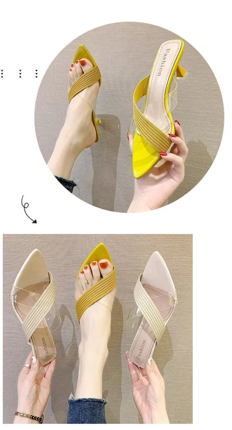 2024 Summer Women Yellow Green Beige Pumps Sandals For Ladies Sexy Mules High Heels Slip-on Slippers Slides Shoes Solid