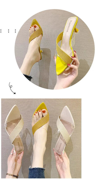2024 Summer Women Yellow Green Beige Pumps Sandals For Ladies Sexy Mules High Heels Slip-on Slippers Slides Shoes Solid