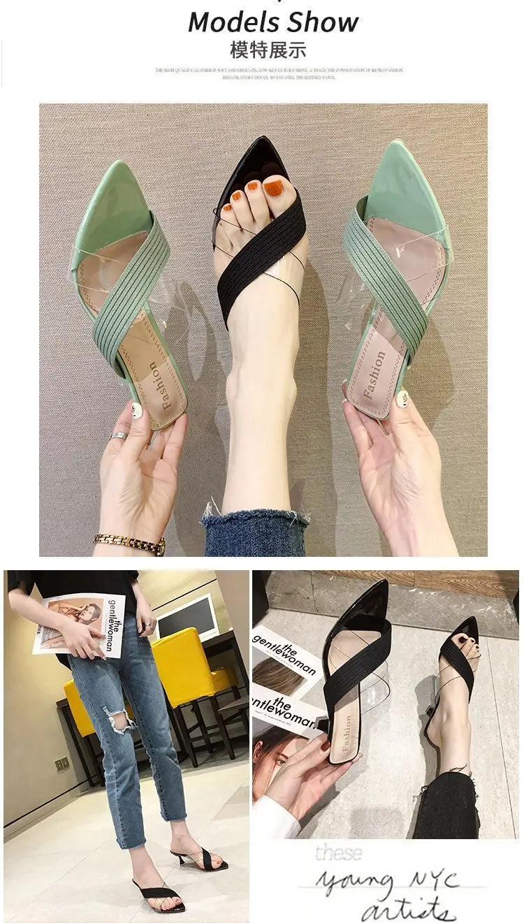 2024 Summer Women Yellow Green Beige Pumps Sandals For Ladies Sexy Mules High Heels Slip-on Slippers Slides Shoes Solid
