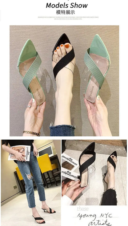 2024 Summer Women Yellow Green Beige Pumps Sandals For Ladies Sexy Mules High Heels Slip-on Slippers Slides Shoes Solid