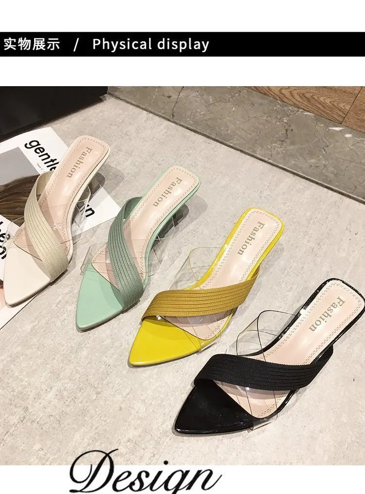 2024 Summer Women Yellow Green Beige Pumps Sandals For Ladies Sexy Mules High Heels Slip-on Slippers Slides Shoes Solid