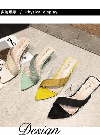 2024 Summer Women Yellow Green Beige Pumps Sandals For Ladies Sexy Mules High Heels Slip-on Slippers Slides Shoes Solid
