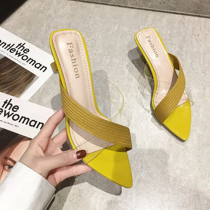 2024 Summer Women Yellow Green Beige Pumps Sandals For Ladies Sexy Mules High Heels Slip-on Slippers Slides Shoes Solid
