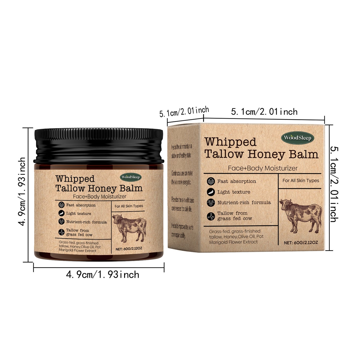 WoodSleep Beef Tallow Paste Deeply Moisturizer Brightening Wrinkle Remover Grass Fed Tallow Wild Honey Face Body Cream Skin Car