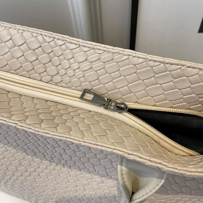 Women's Woven Pattern Tote Bag Elegant PU Leather Handbag Vintage Large Capacity Fashion Trending Japon Style  Shoulder Bags