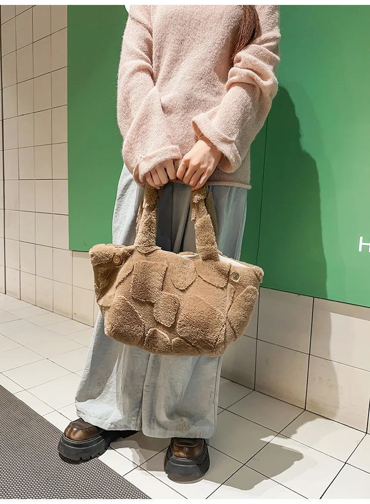 Faux Fur Tote Bag High Quality Plush Handbag Women Fall Winter Vintage Fashion Large Capacity Shoulder Bag