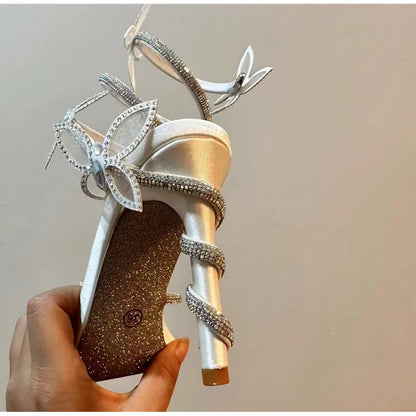 Luxury Crystal Embellished Butterfly Detail Women Sandals Sexy Coiled Strap Thin High heels Gladiator sandals Summer Party Shoes