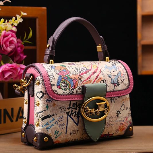 Brand premium women's bag graffiti box small square bag 2024 new autumn and winter designer handbag single shoulder crossbody ba