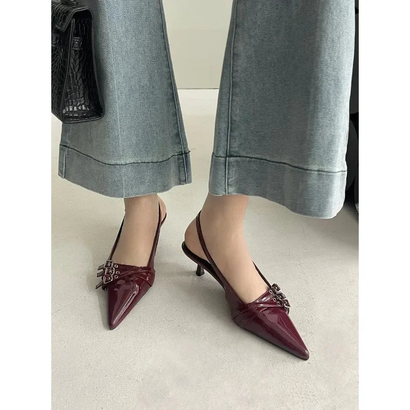Pointed Toe Women Sandals New Arrivals Fashion Elastic Band Party Dress Shoes Woman Thin Mid Heels Red Black Silver Fashion