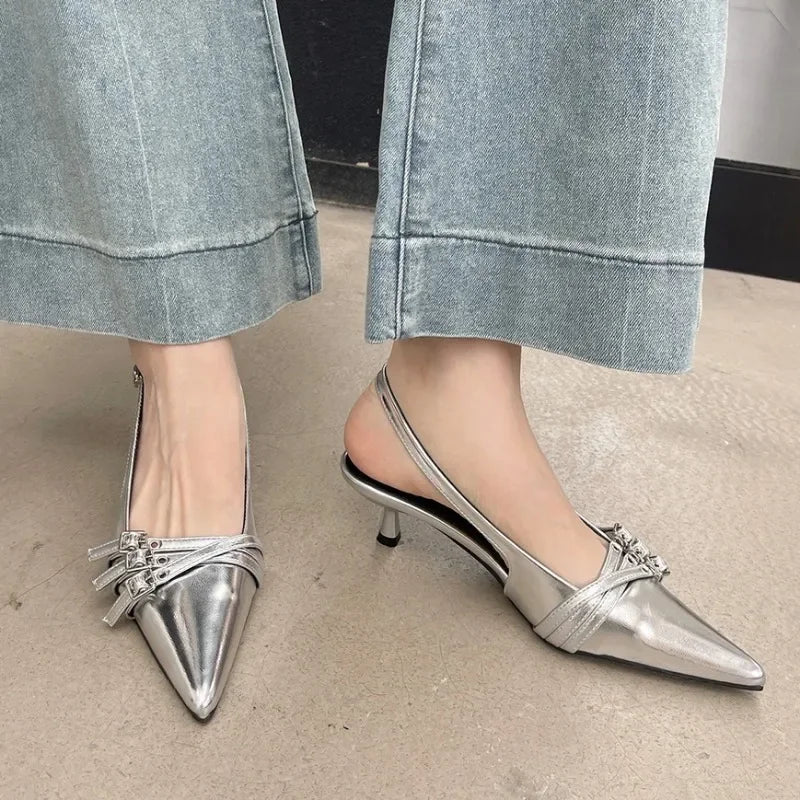 Pointed Toe Women Sandals New Arrivals Fashion Elastic Band Party Dress Shoes Woman Thin Mid Heels Red Black Silver Fashion