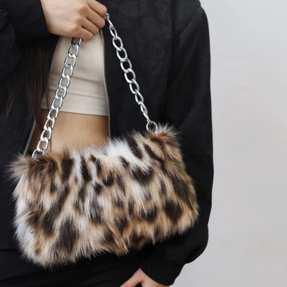 New Faux Fur Leopard Shoulder Bag Women's Autumn Winter Chain Handbags Ladies Leopard Print Clutch Purses Fluffy Top Handle Bags
