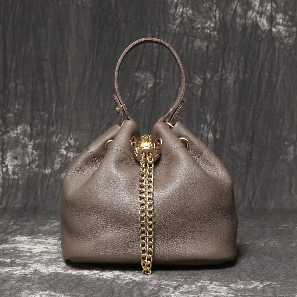LUOKIR New Metal Drawstring Versatile Women's Handbag Genuine Leather Chain Crossbody Bag Vintage Bucket Bag Mobile Phone Bag