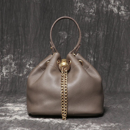 LUOKIR New Metal Drawstring Versatile Women's Handbag Genuine Leather Chain Crossbody Bag Vintage Bucket Bag Mobile Phone Bag