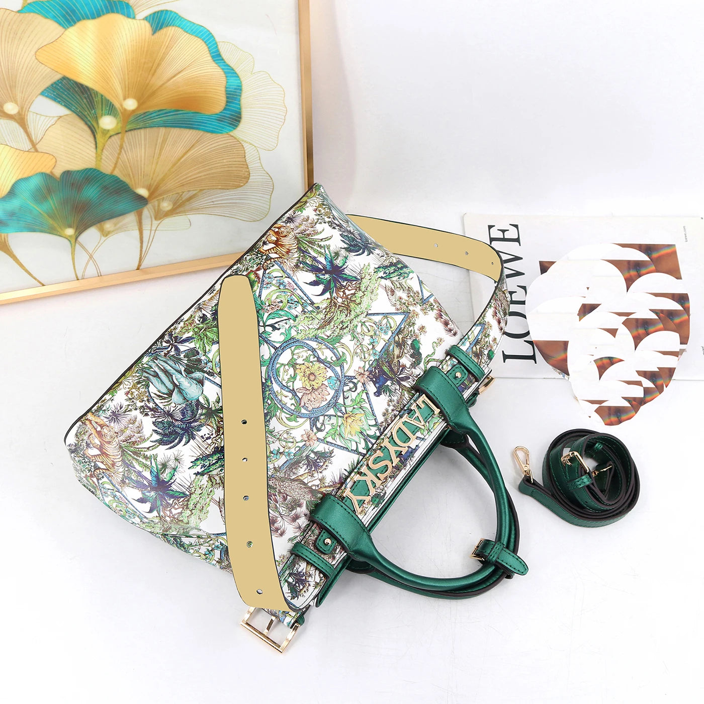 Ladysky Top Product Fashion Women's Tote Bag with Belt Super Personalized Metal Letter Handbag Printed Ladies Shoulder Bag 36 cm