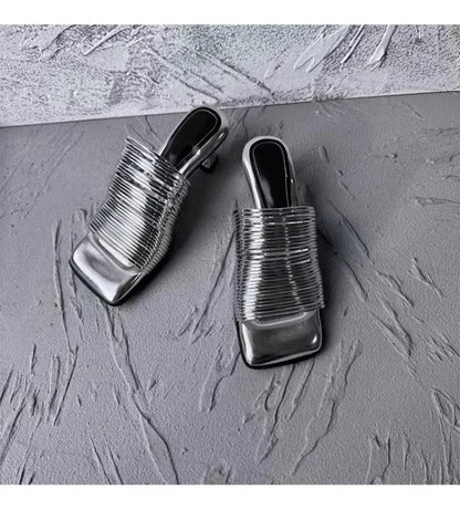 Square Toe Stiletto Sandals for Women Summer Shiny Solid Color High Heels Casual Half Slippers Shoes for Women Designer Sandals