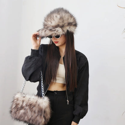 New Faux Fur Leopard Shoulder Bag Women's Autumn Winter Chain Handbags Ladies Leopard Print Clutch Purses Fluffy Top Handle Bags