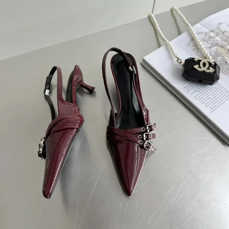 Pointed Toe Women Sandals New Arrivals Fashion Elastic Band Party Dress Shoes Woman Thin Mid Heels Red Black Silver Fashion