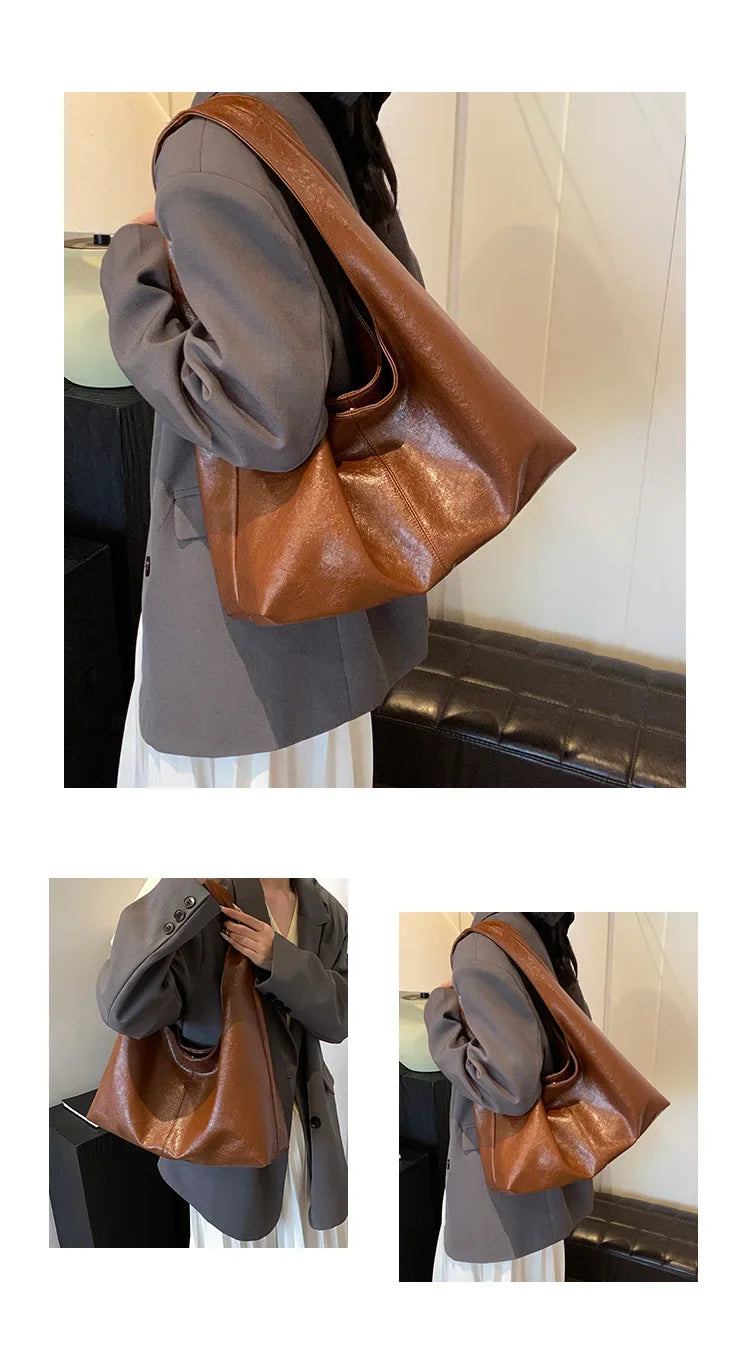 Big Black Shoulder Bags for Women Large Hobo Shopper Bag Solid Color Quality Soft Leather Crossbody Handbag Lady Travel Tote Bag
