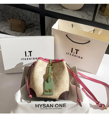 Light luxury women's handbag, retro carriage drawstring bucket bag, 2025 new style bag, high-end single shoulder crossbody bag