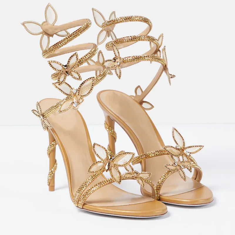 Luxury Crystal Embellished Butterfly Detail Women Sandals Sexy Coiled Strap Thin High heels Gladiator sandals Summer Party Shoes