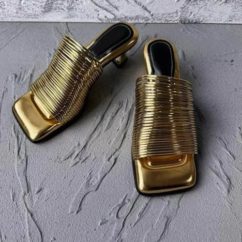 Square Toe Stiletto Sandals for Women Summer Shiny Solid Color High Heels Casual Half Slippers Shoes for Women Designer Sandals