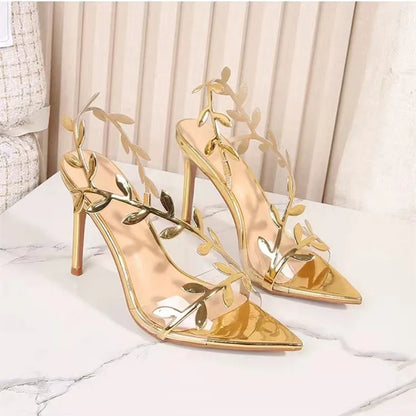 2024 Summer Fashion Patent Leather Gold Leaf Women Sandals Elegant Pointed toe Thin High heels Gladiator Sandalias Party Shoes