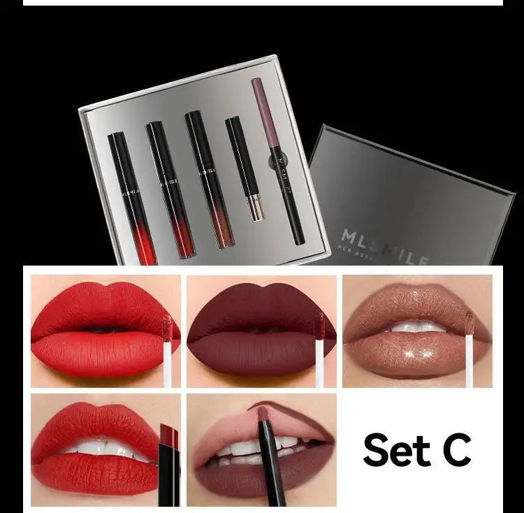 MLSMILE Makeup Set Holiday Gift Box 5pc/set Gloss Waterproof Moisturizing Long-lasting Liquid Lipstick Lip Liner New