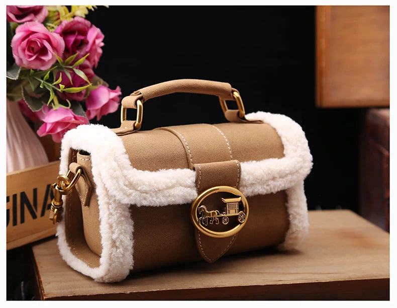 Luxury brand women's bag high-end designer 2024 new autumn and winter plush handbag single shoulder crossbody small square bag