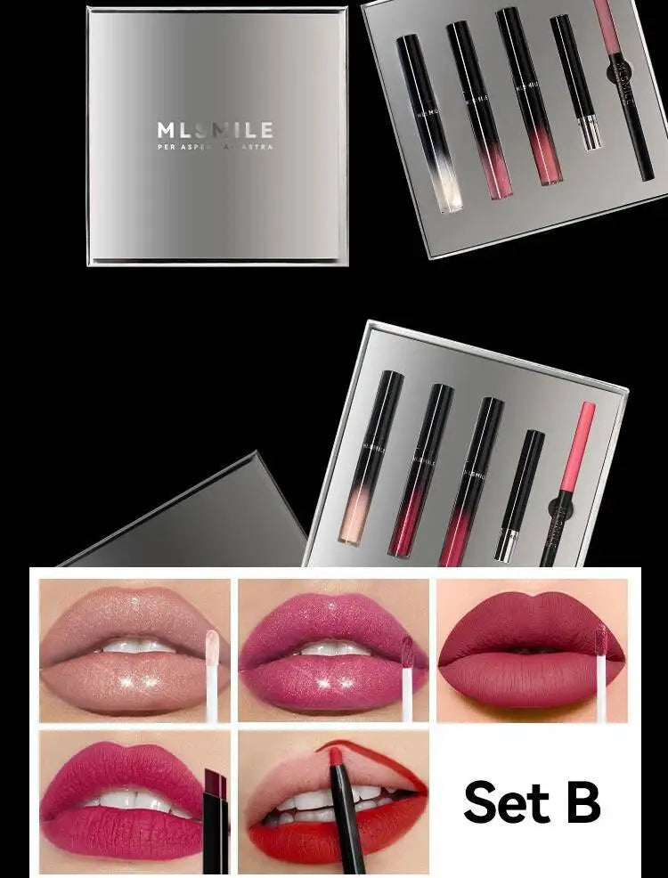 MLSMILE Makeup Set Holiday Gift Box 5pc/set Gloss Waterproof Moisturizing Long-lasting Liquid Lipstick Lip Liner New