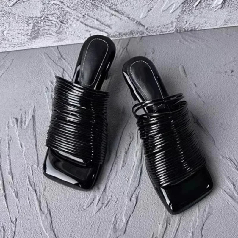 Square Toe Stiletto Sandals for Women Summer Shiny Solid Color High Heels Casual Half Slippers Shoes for Women Designer Sandals