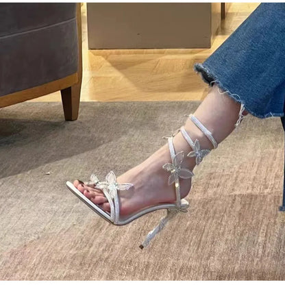 Luxury Crystal Embellished Butterfly Detail Women Sandals Sexy Coiled Strap Thin High heels Gladiator sandals Summer Party Shoes