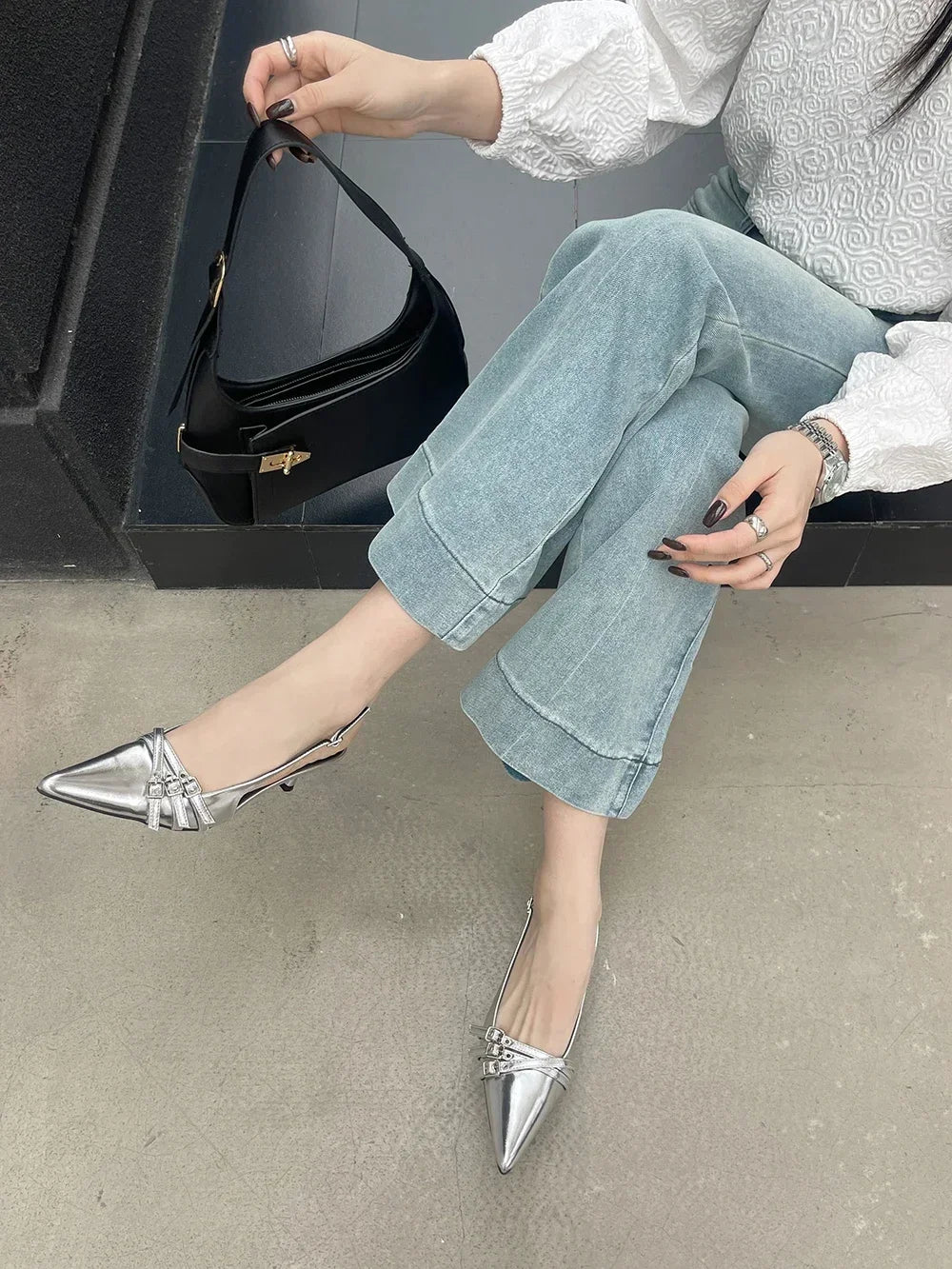 Pointed Toe Women Sandals New Arrivals Fashion Elastic Band Party Dress Shoes Woman Thin Mid Heels Red Black Silver Fashion