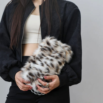 New Faux Fur Leopard Shoulder Bag Women's Autumn Winter Chain Handbags Ladies Leopard Print Clutch Purses Fluffy Top Handle Bags
