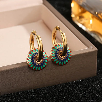 Vintage Painted Daisy Pattern Design Stainless Steel Necklace Earrings Set Female Creative Ethnic Style Jewelry Accessories