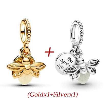 2024 Summer New Glow-in-the-dark Firefly Dangle Charm Fit Original Pan Bracelet DIY Silver&Gold Plated Women Jewelry Gift