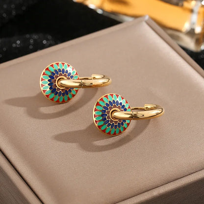 Vintage Painted Daisy Pattern Design Stainless Steel Necklace Earrings Set Female Creative Ethnic Style Jewelry Accessories