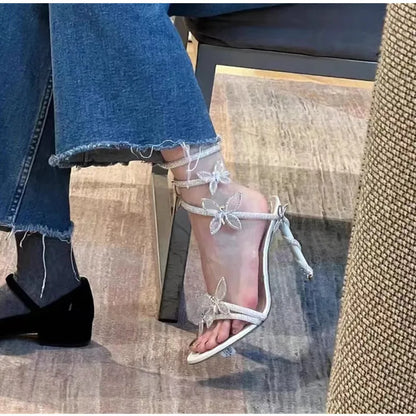 Luxury Crystal Embellished Butterfly Detail Women Sandals Sexy Coiled Strap Thin High heels Gladiator sandals Summer Party Shoes