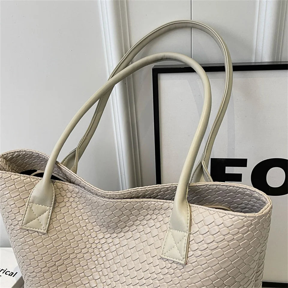 Women's Woven Pattern Tote Bag Elegant PU Leather Handbag Vintage Large Capacity Fashion Trending Japon Style  Shoulder Bags
