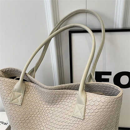 Women's Woven Pattern Tote Bag Elegant PU Leather Handbag Vintage Large Capacity Fashion Trending Japon Style  Shoulder Bags