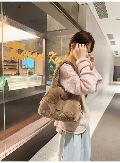 Faux Fur Tote Bag High Quality Plush Handbag Women Fall Winter Vintage Fashion Large Capacity Shoulder Bag